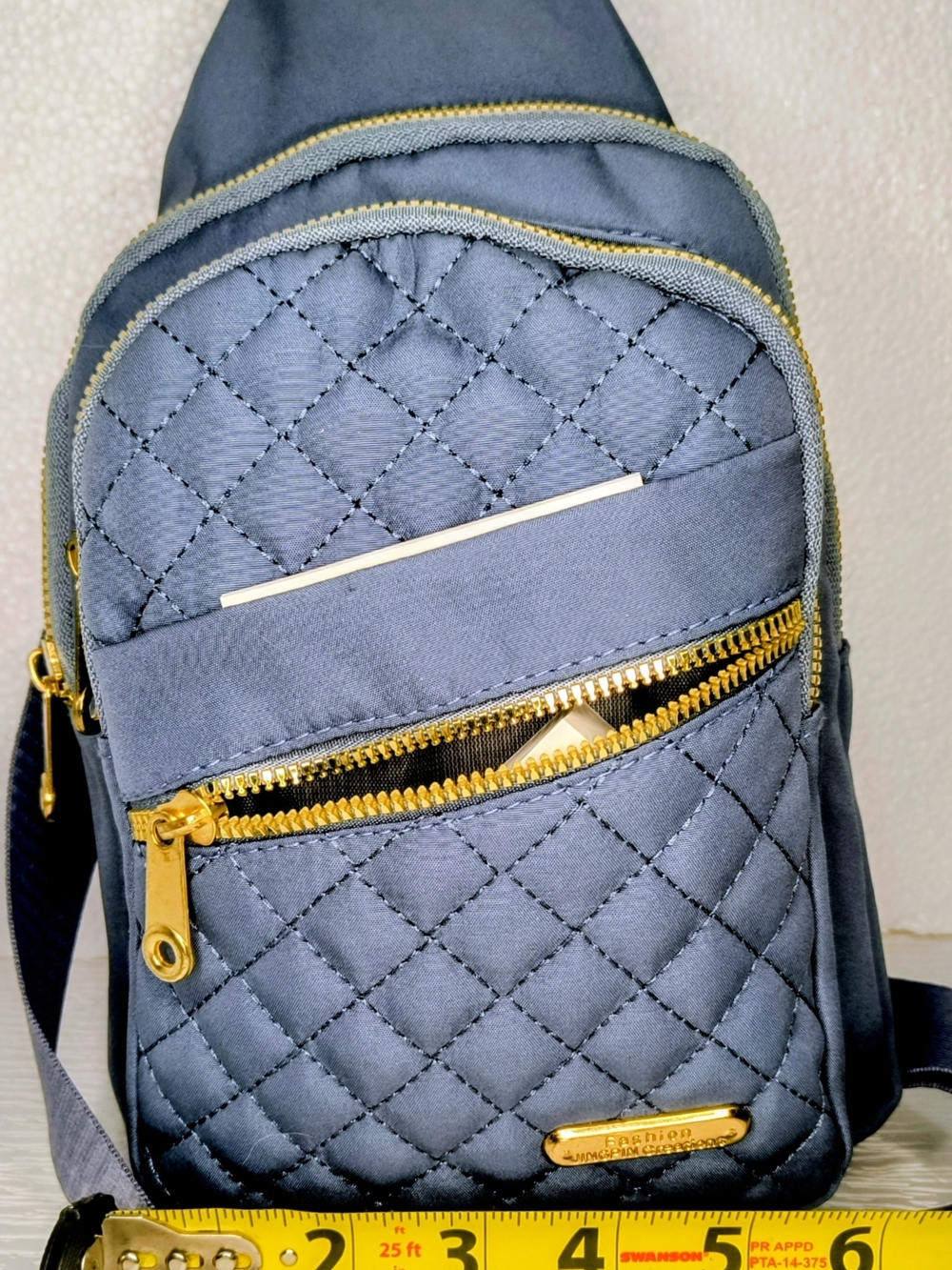 Quilted Slate Crossbody Bag with Gold Zippers